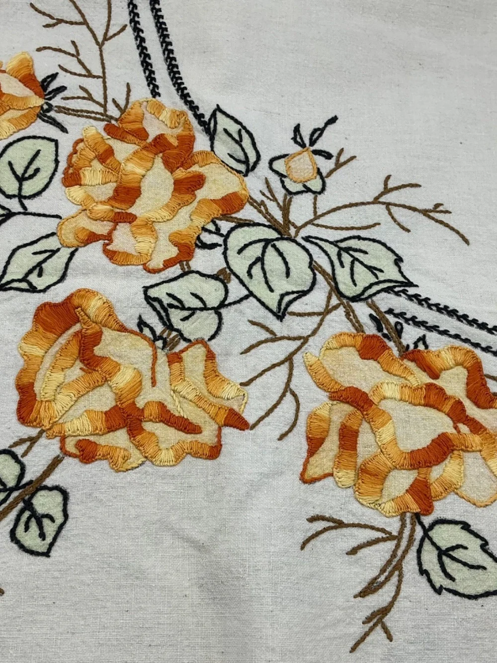 Vintage Hand Embroidered Floral Tablecloth